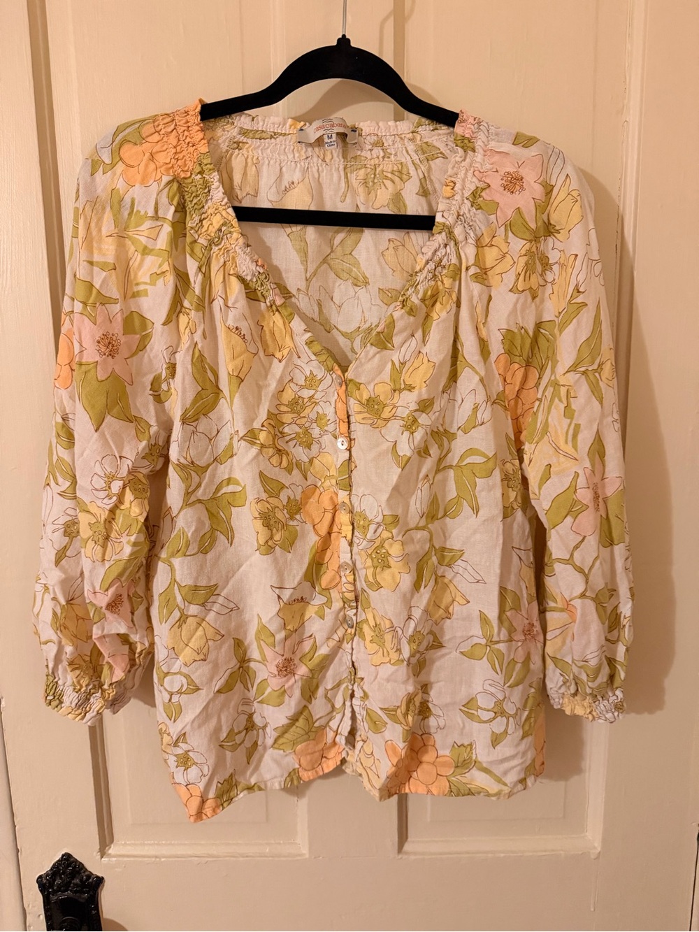 Casacabana Floral Button-Front Blouse — Cream with Pastel Yellow & Green